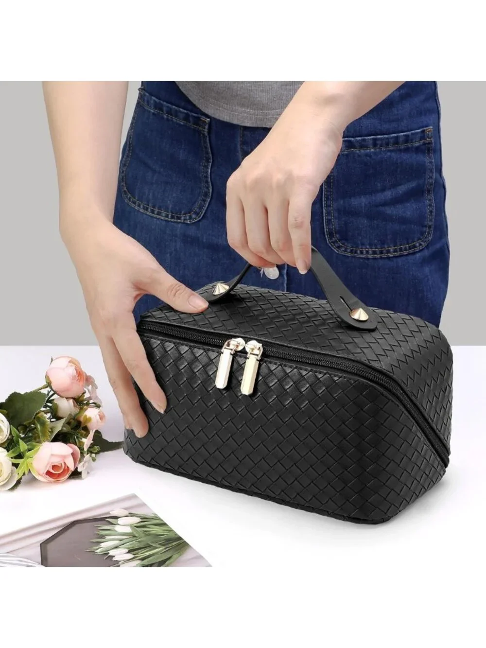 Large Capacity Waterproof Makeup Bag - Portable Organizer with Dividers & Handle